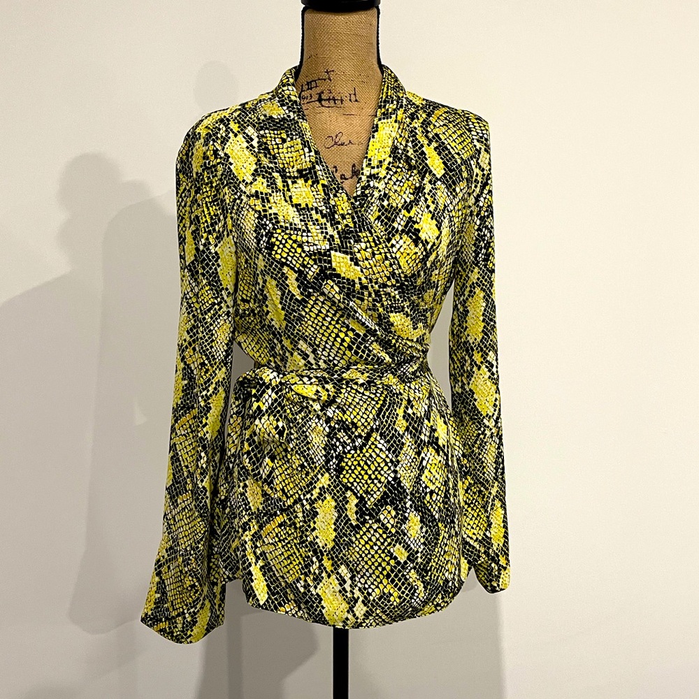 NEW Karen Millen Blk/Yellow Wrap Blouse Snake-Print Size US 8/Medium/UK 12